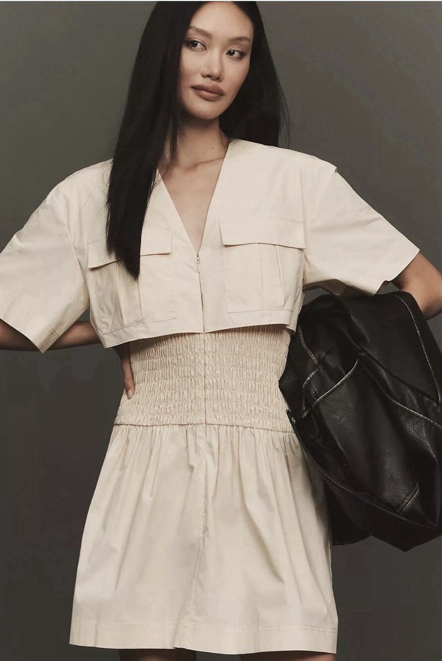 $128 Mare Mare Anthropologie Utility S/S Mini Shirt Dress XS Khaki Beige EUC